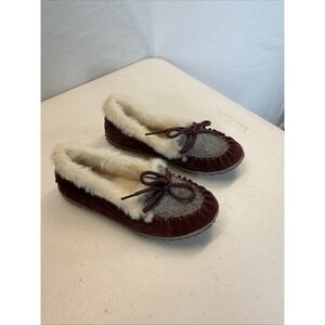 Sorel Nakiska Womens Size 5.5 Suede Wool‎ Lined Slip On Moccasin Slippers Maroon